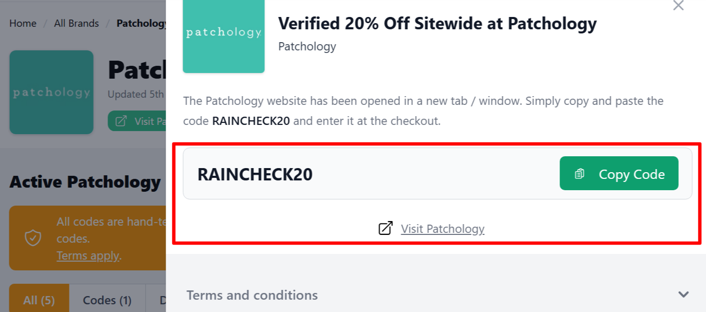 A Patchology discount code on an onscreen page on our site