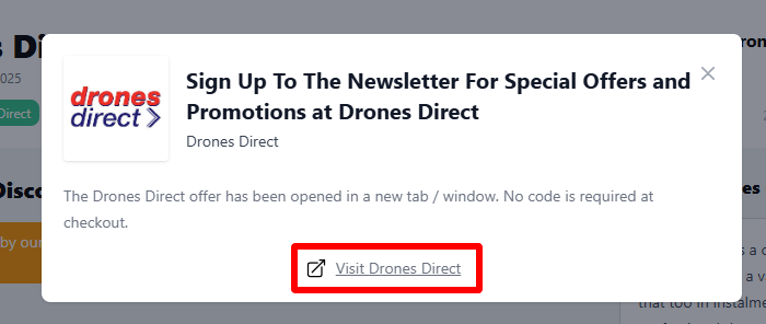 A Drones Direct offer with "Visit Drones Direct" in a red box.
