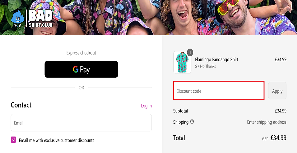 image showing the Bad Shirt Club discount code box, bordered in red