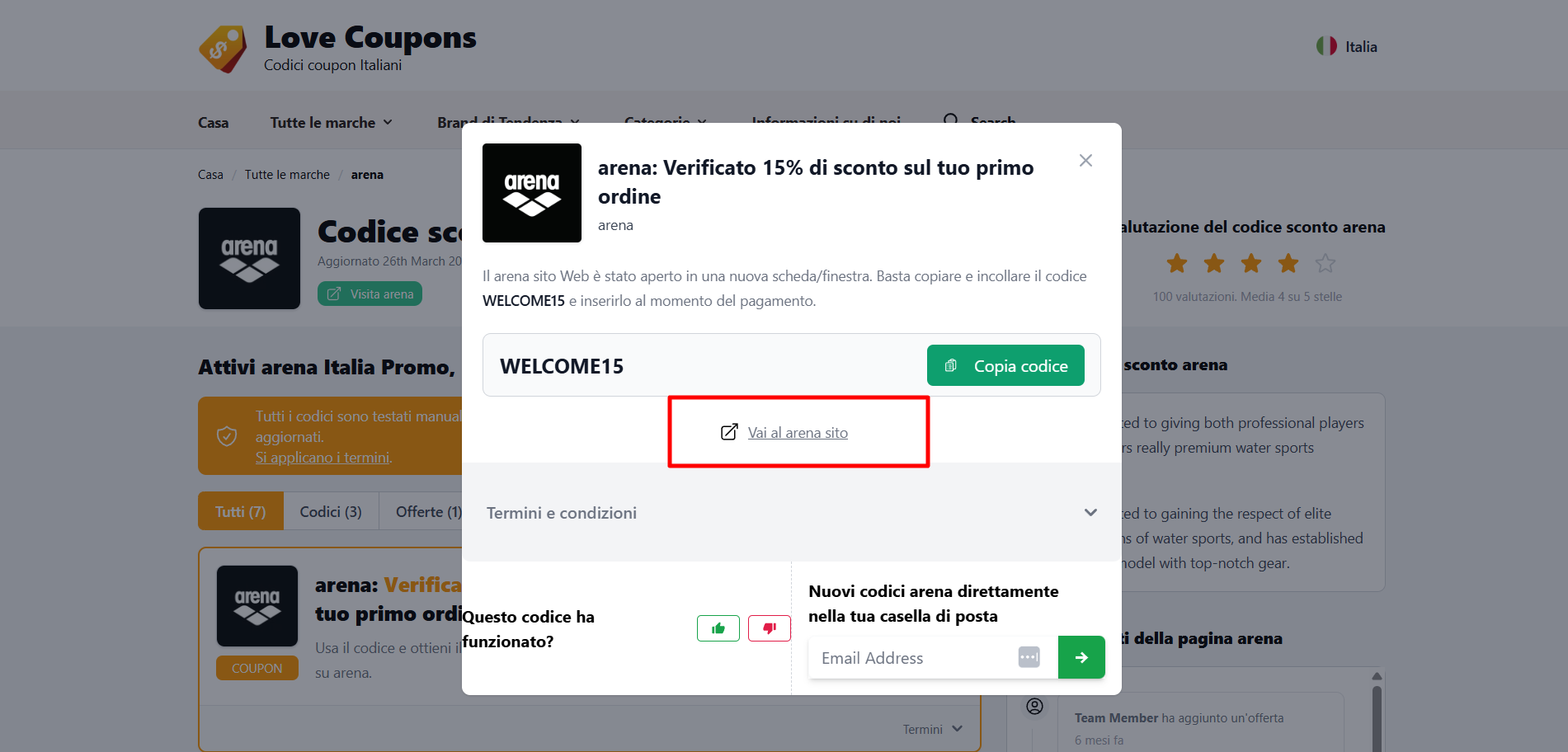 collegamento diretto alla piattaforma ufficiale arena dove inserire il codice sconto arena da applicare