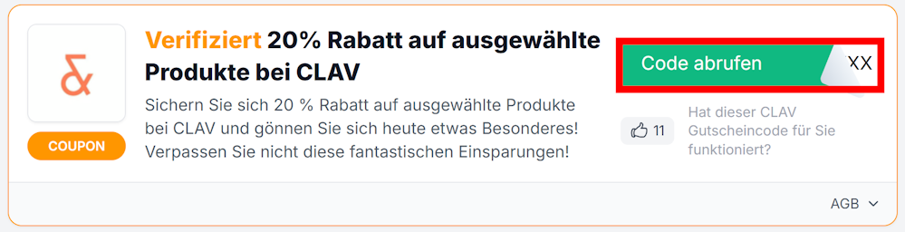 Infos zu einem CLAV Rabattcode mit einem rotmarkierten grünnen Button