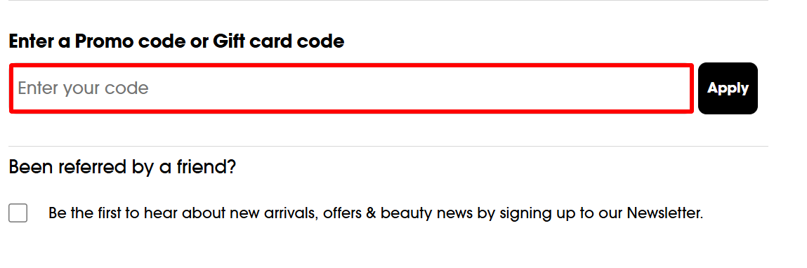 The checkout page showing where to apply your Sephora voucher code