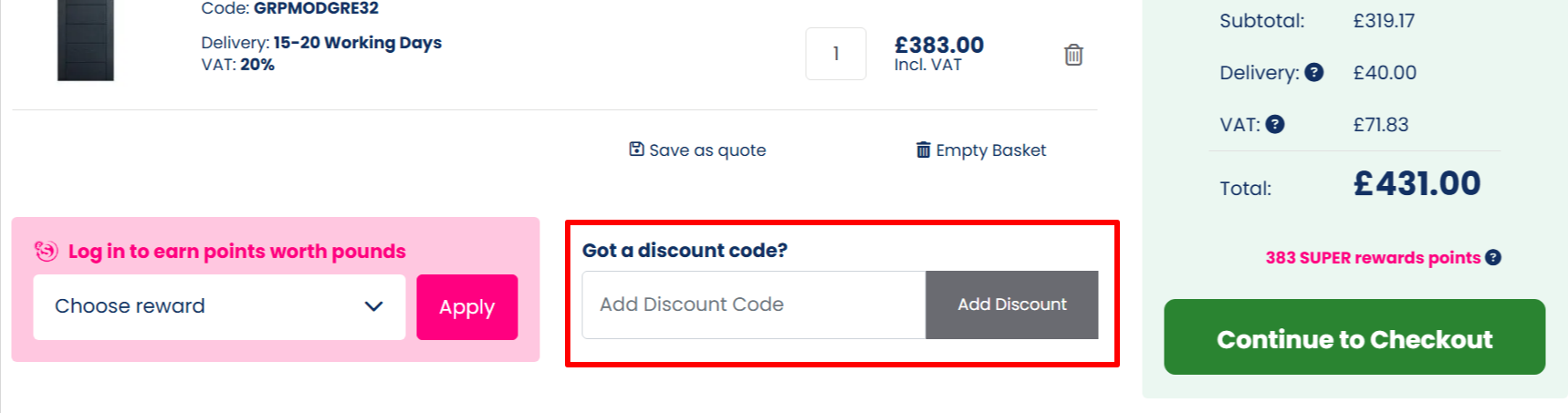 Door Superstore discount code, red-marked box to paste the code and redeem it