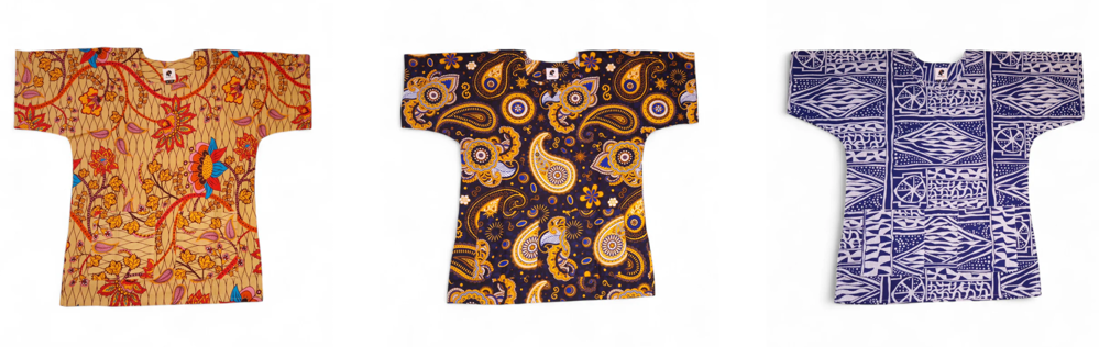 Drei T-Shirts von AfricanFabs mit jeweils verschiedenen Motiven