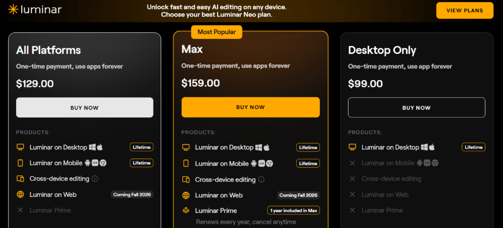 Choosing a Luminar (Skylum) plan