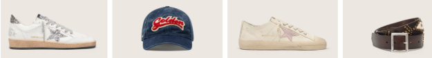 Golden Goose items: two signature sneakers, a baseball cap, and a brown leather belt
