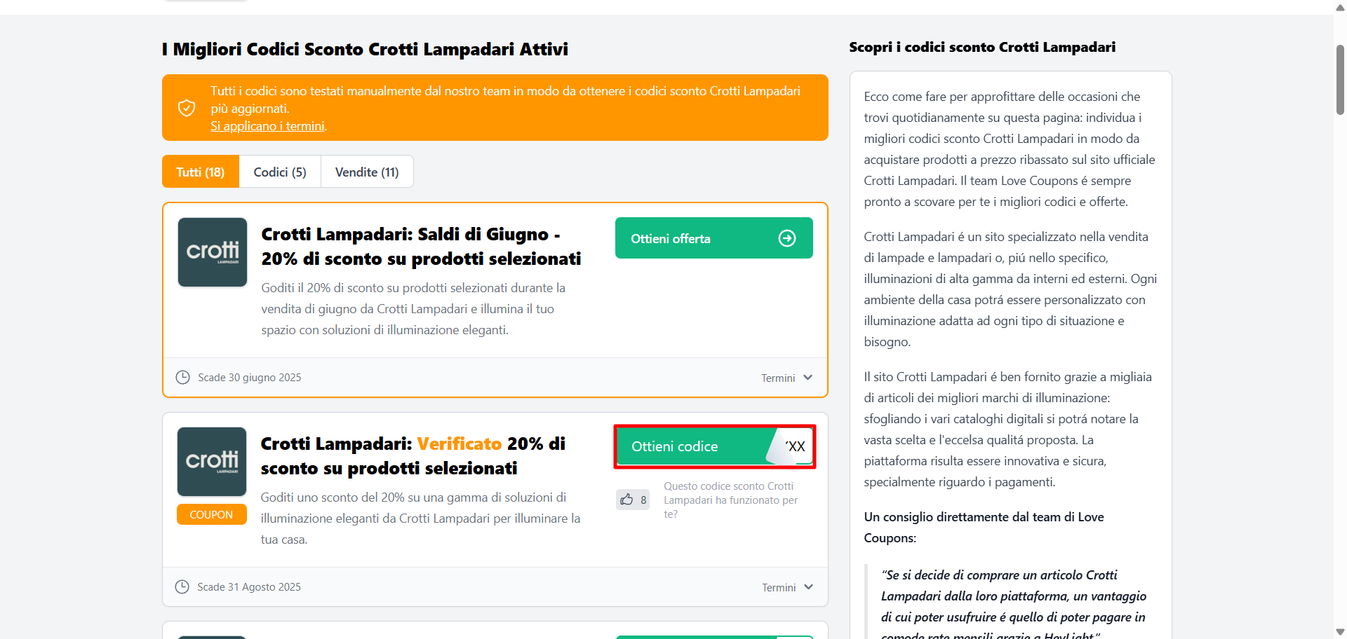 codice sconto Crotti Lampadari da poter prelevare dalla lista per risparmiare su lampade e altri articoli