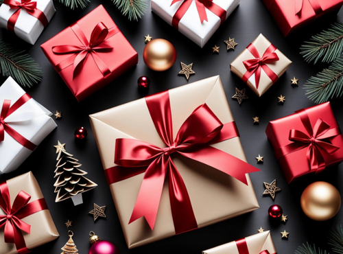 Mehrere Weihnachtsgeschenke sowie Weihnachtsdeko auf dem Boden verteilt
