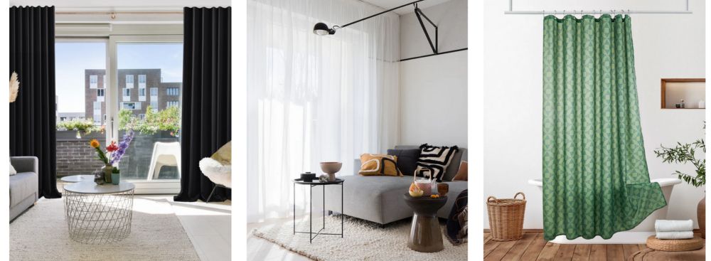 Modern interior scenes featuring Deconovo curtains, minimalist lounge, and a bathroom setting.