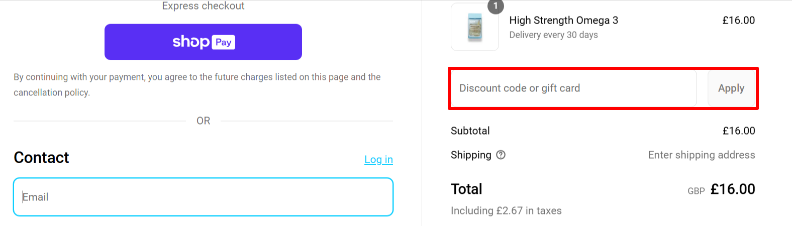 A box where you can add your Alyve voucher code to redeem it