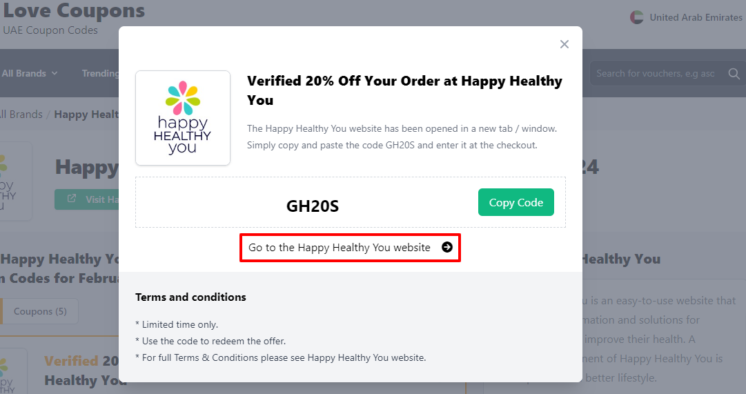 A box displayed on a white background of a Happy Healthy You promo code with the message ‘Go to the Happy Healthy You website