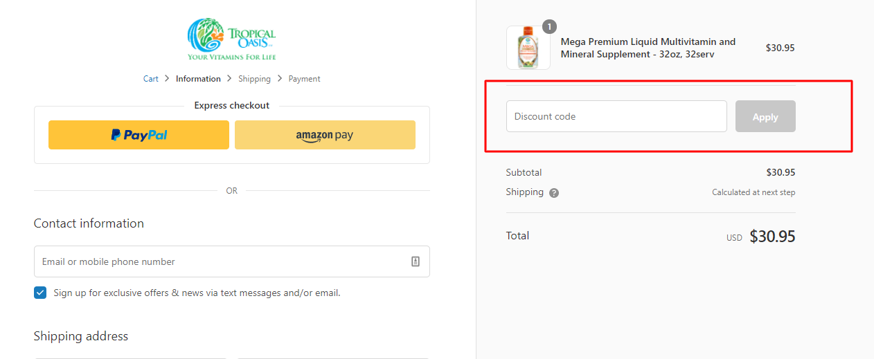 How do I use my TROPICAL OASIS discount code?