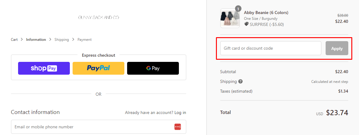 How do I use my Gunny Sack and Co discount code?