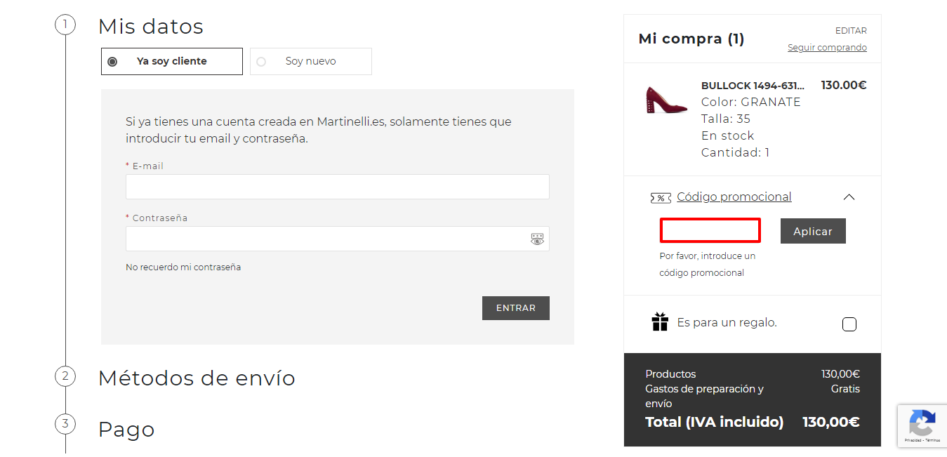La barra donde agregar el código descuento de  MARTINELLI resaltado en rojo en la página de pago.