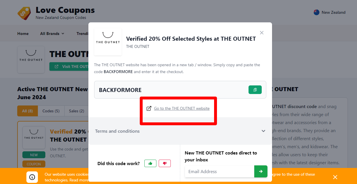 Box displayed on a darkened background of a THE OUTNET discount code with the terms and conditions showing