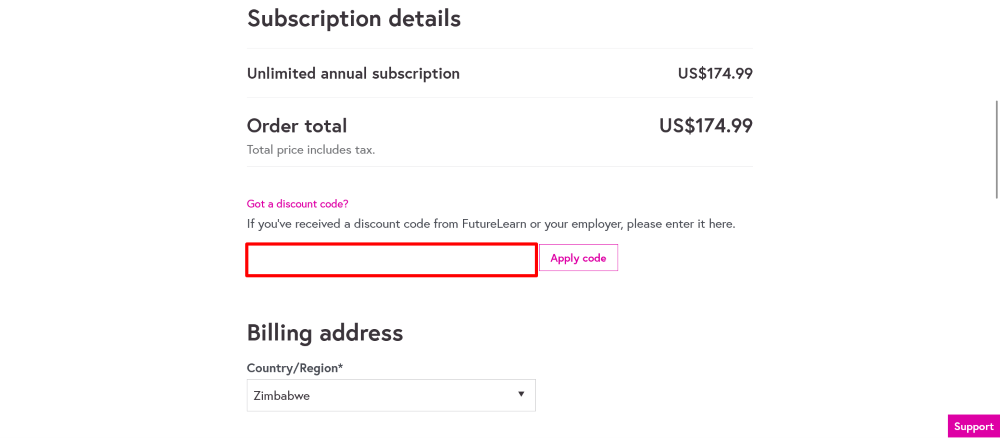 FutureLearn checkout page where to enter discount code highlighted in a red box
