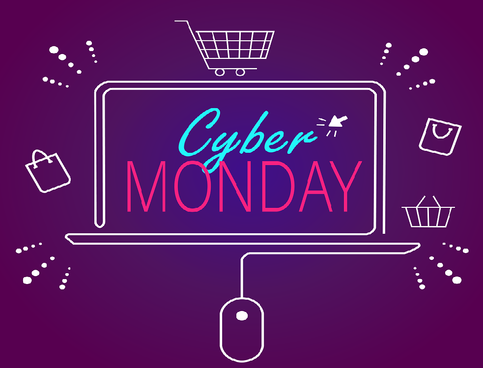 Verschiedene Grafiken im Zeichenstil auf einem lila-Hintergrund, die mit dem Cyber Monday Rabattcode zu tun haben