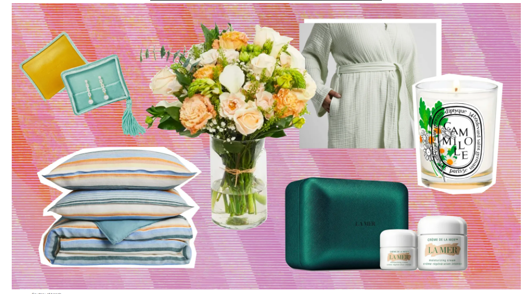 Flowers, dress, beauty product, jewellery, and bedding all can be seen in the picture collage.