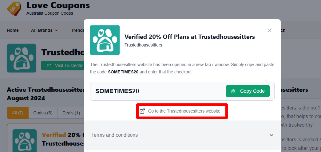 box with the terms and conditions mentioned, lingering over the TrustedHousesitters discount code.
