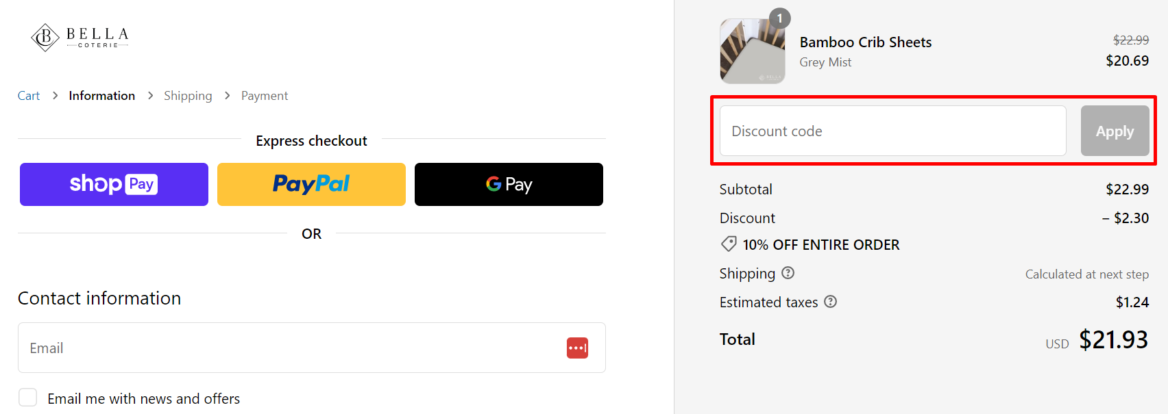 How do I use my Bella Coterie discount code?