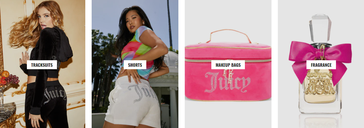 A collage of Juicy Couture products showing a woman wearing a black track bottom and black track top, another woman with a white short and a rainbow top, a pink makeup bag and a fragrance bottle with a pink ribbon