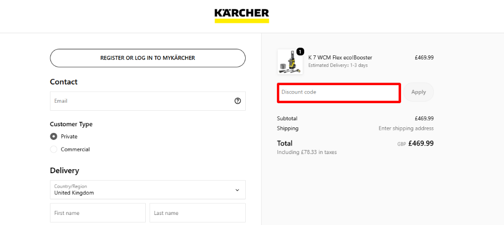 The Kärcher voucher code box highlighted with a red box on their checkout page