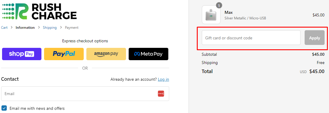 How do I use my Rush Charge discount code?