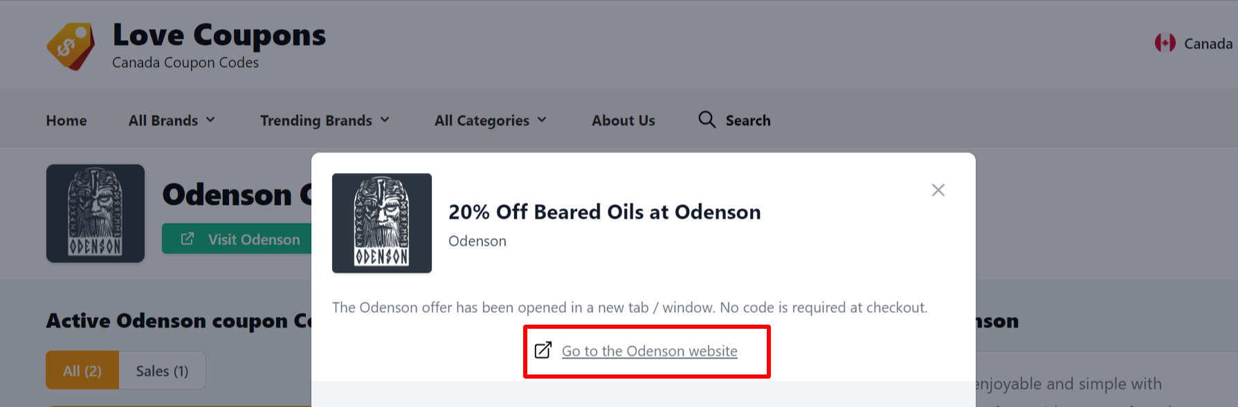 Highlighted in red shows where to find the link that takes you to the Odenson website.