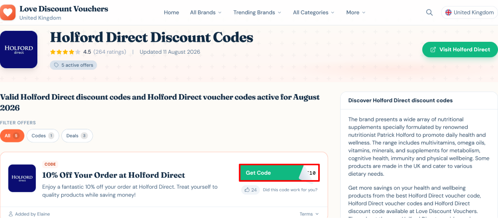 Holford Direct Love Discount Vouchers page where a code is copied