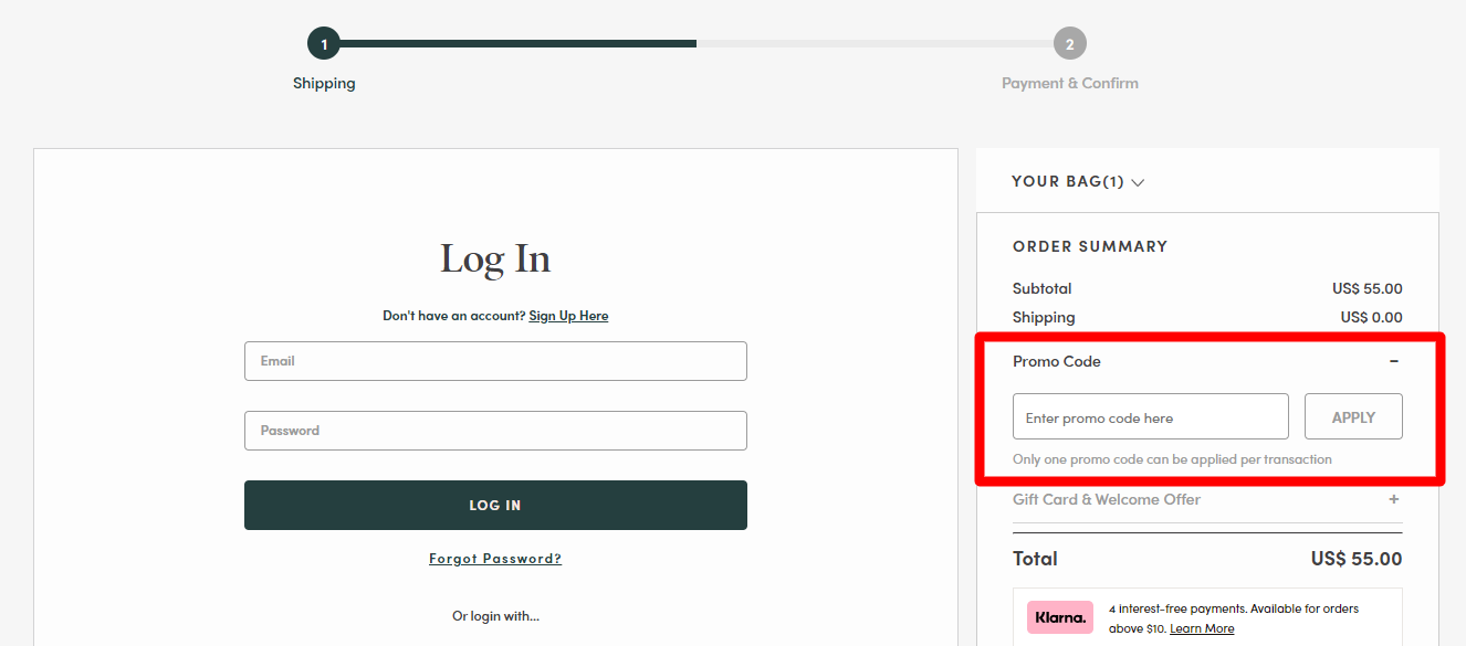 The brand checkout page with where to add the Love Bonito coupon code highlighted with a red box