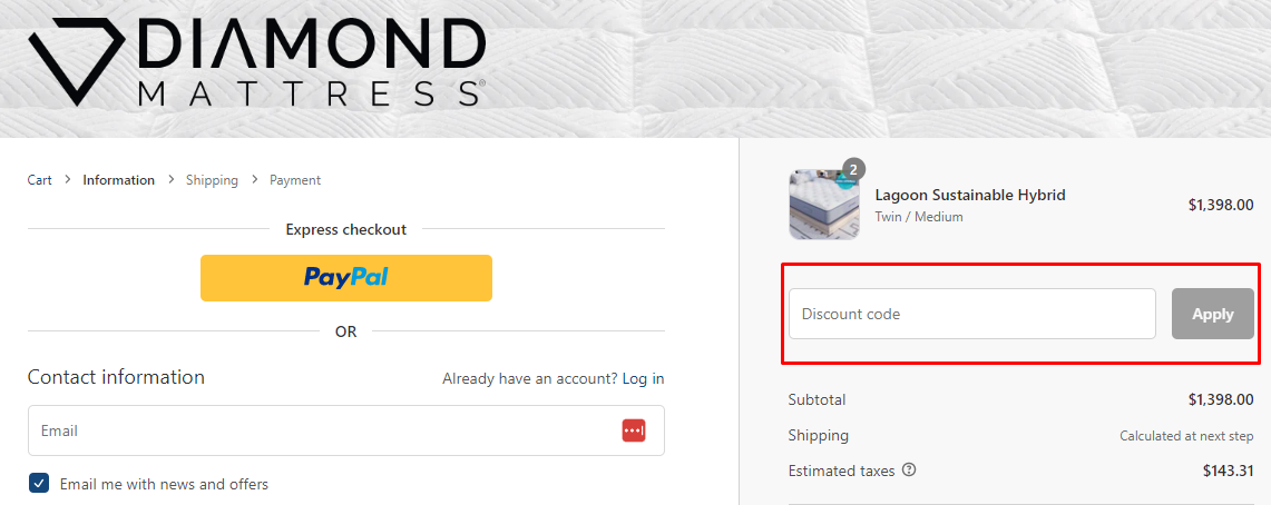 How do I use my Diamond Mattress discount code?