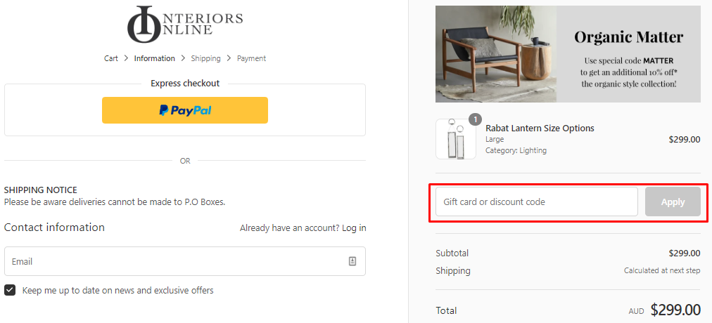 How do I use my Interiors Online discount code?
