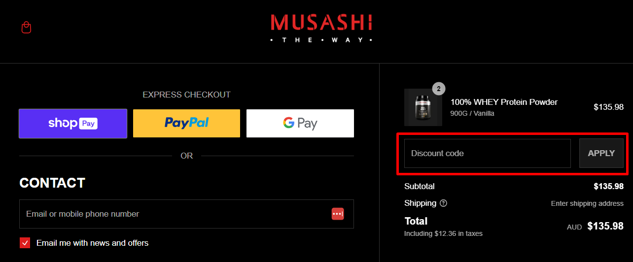 How do I use my Musashi discount code?