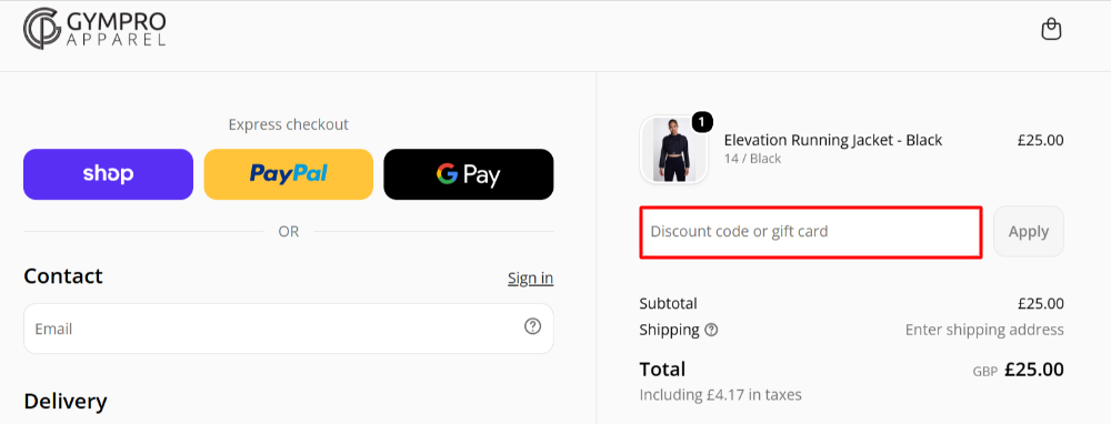The GymPro Apparel checkout page with where to paste the GymPro Apparel voucher code in a red box