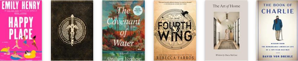 six ThriftBooks books exhibited for customers to choose from. One is named, The Covenant Of Water