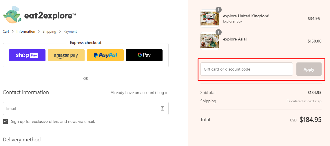 How do I use my eat2explore discount code?