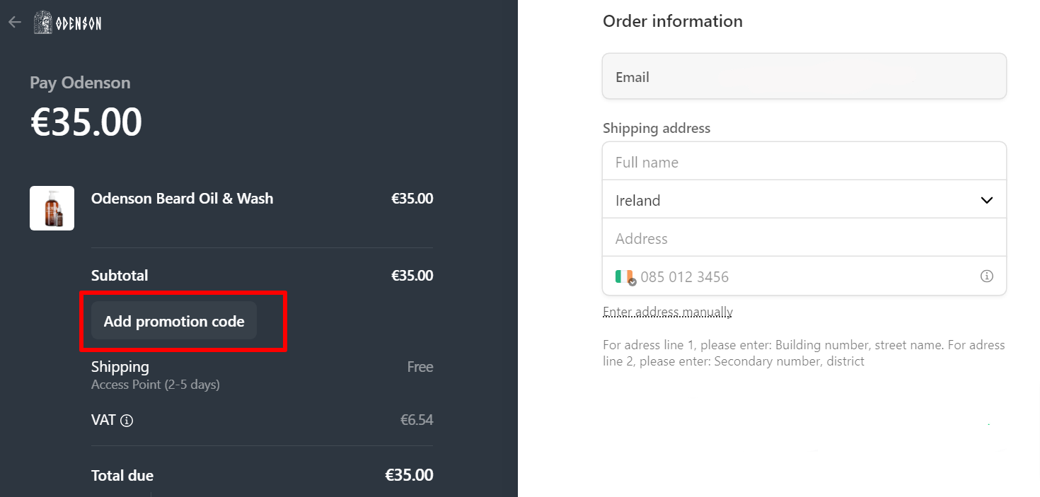 The checkout page showing a highlighted red box where to add an Odenson discount code.