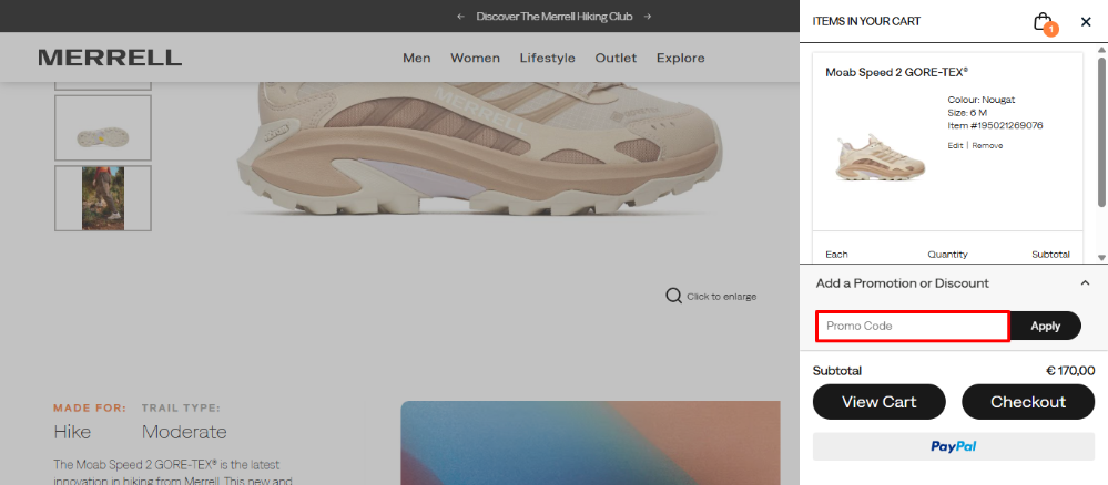 Add your Merrell discount code to your order and apply it