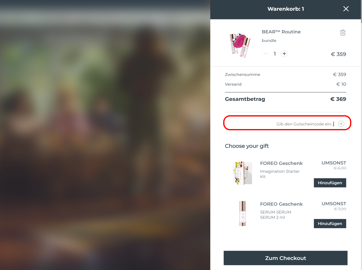 Der Foreo Warenkorb mit einem rotmarkiertem Feld für einen Foreo Rabattcode