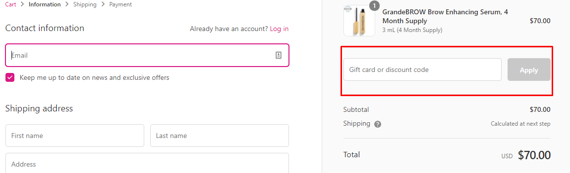 How do I use my Grande Cosmetics discount code?