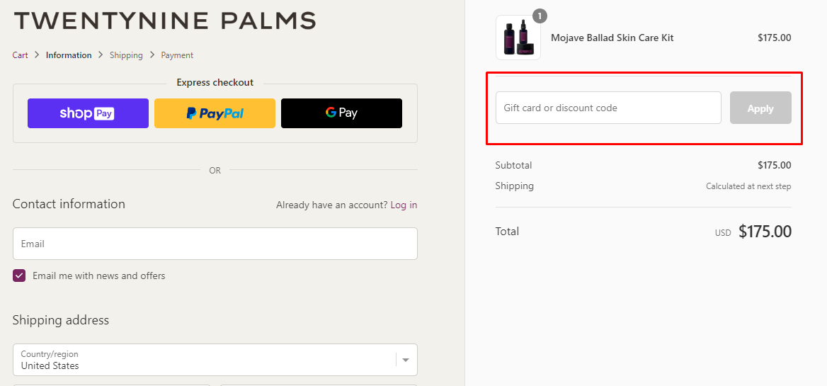 How do I use my Twentynine Palms discount code?