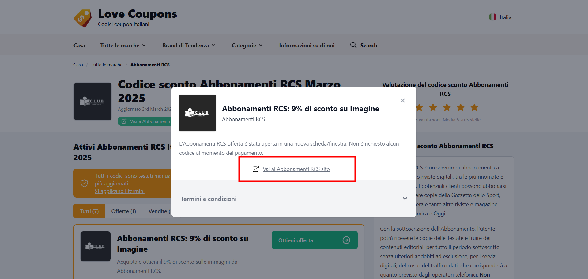 collegamento diretto al sito ufficiale Abbonamenti RCS dove poter scegliere un giornale online e risparmiare col coupon Abbonamenti RCS