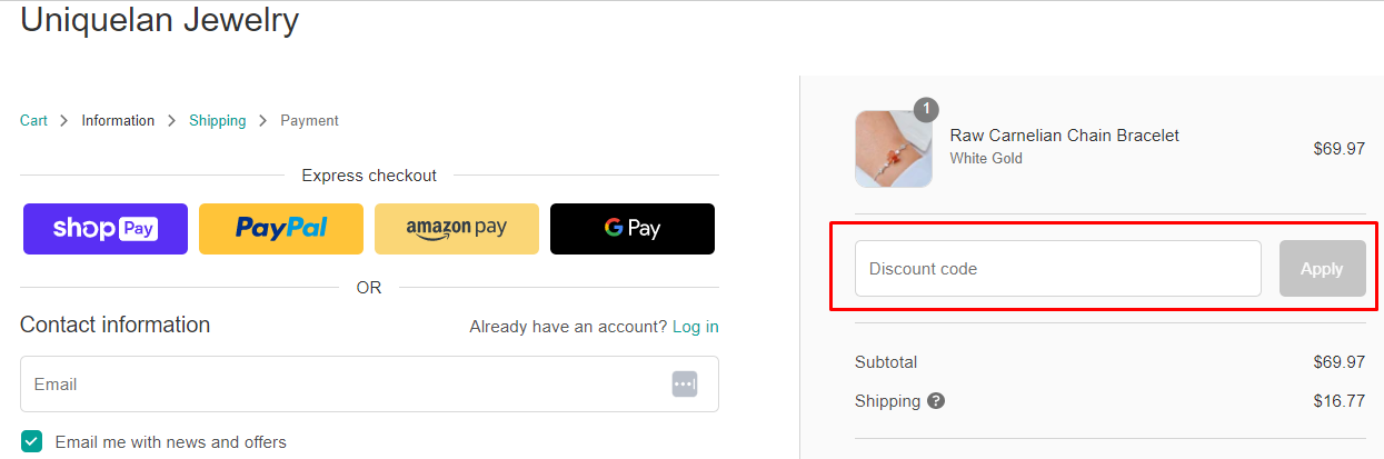 How do I use my Uniquelan Jewelry discount code?