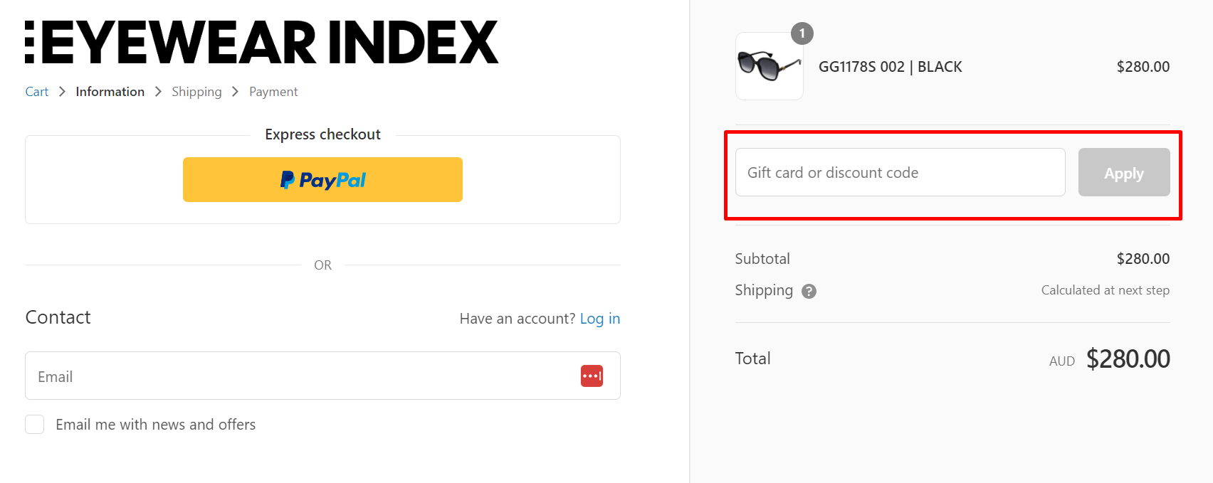 How do I use my Eyewear Index discount code?