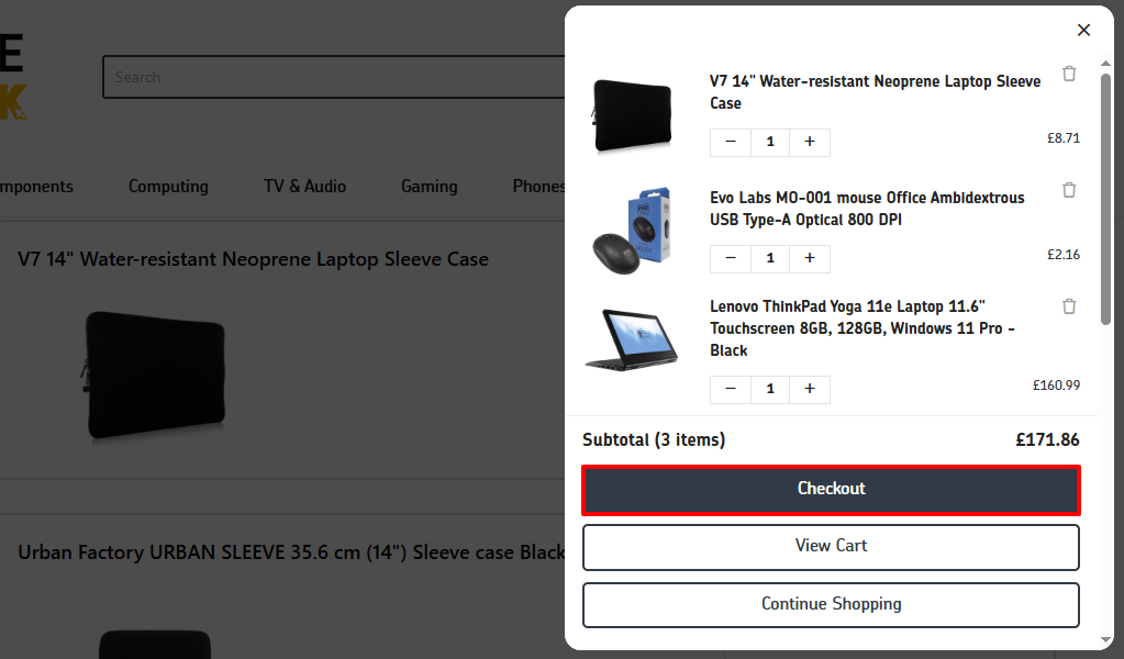 A pop-up window with "Checkout" in a red box.