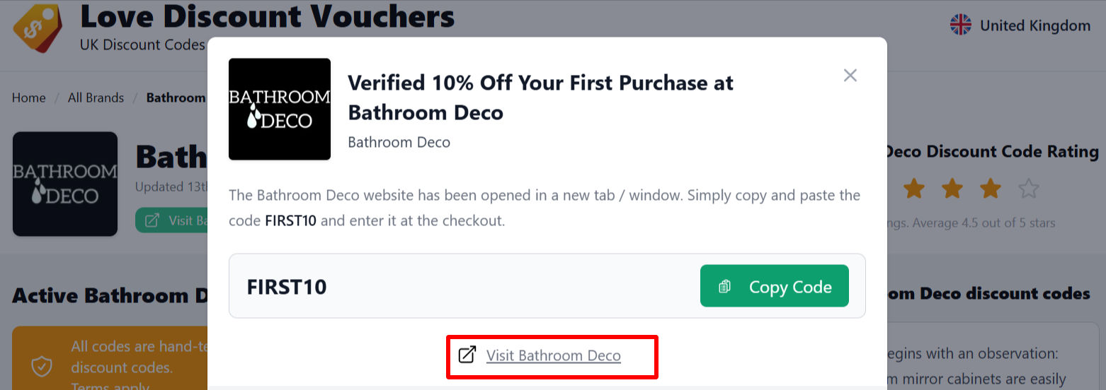 The highlighted red box shows the link that takes you to the Bathroom Deco website