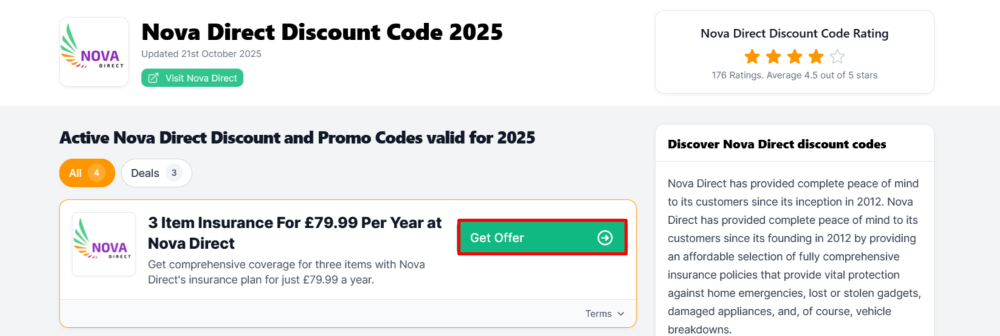 The page where you copy a Nova Direct code