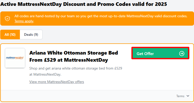 The MattressNextDay offer on the Love Discount Vouchers website highlighted with a red box