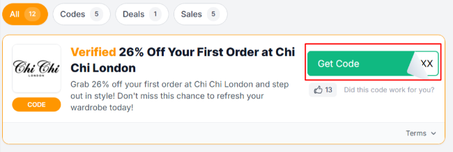 The Love Discount Vouchers page shows Chi Chi London UK promo codes and offers to use on your purchase
