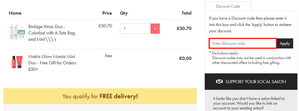 The Salon Trusted shopping cart page with where to paste the Salon Trusted voucher code in a red box.